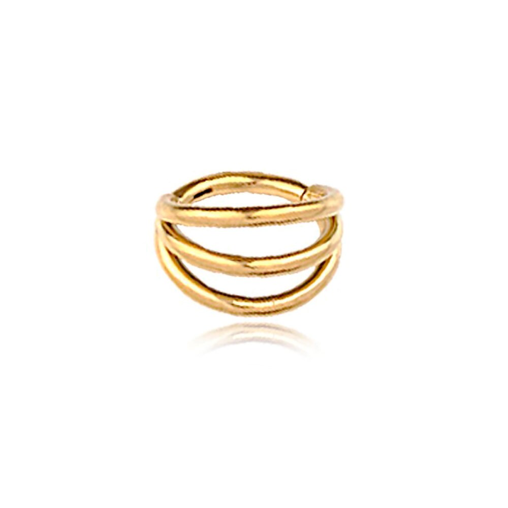 The Minimalist Gold PVD 316L Steel Septum "Trion" by Kaya Movement features three interwoven bands, forming a sleek and elegant design reminiscent of minimalist septum jewelry. The ring has a polished, reflective surface and is displayed against a white background with a slight shadow beneath it.